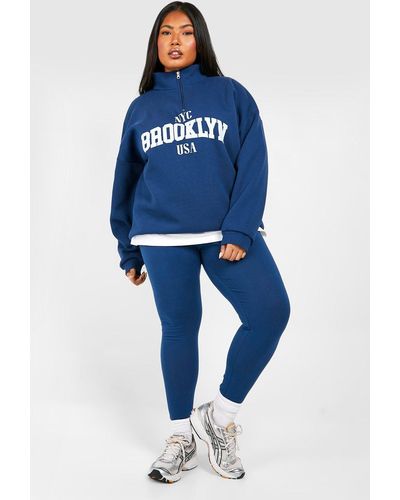Boohoo Plus Brooklyn Half Zip And Legging Set - Blue