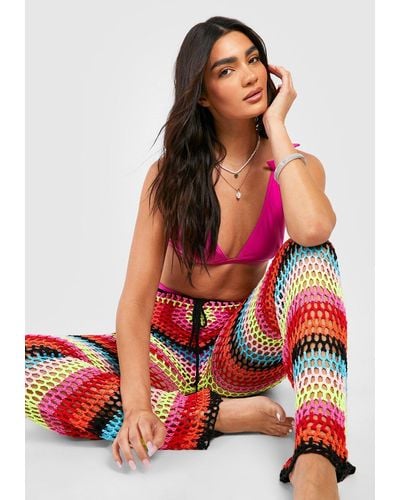 Boohoo Multi Stripe Crochet Beach Trousers - Red