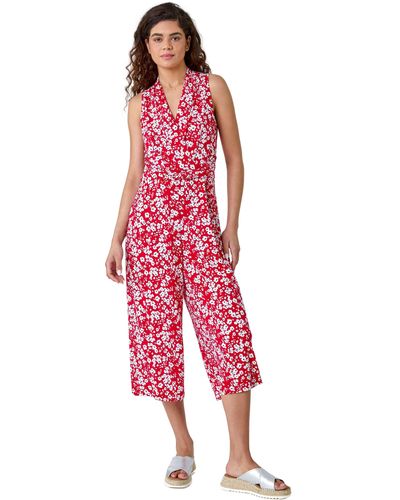 Roman Ditsy Floral Wide Leg Stretch Jumpsuit - Red