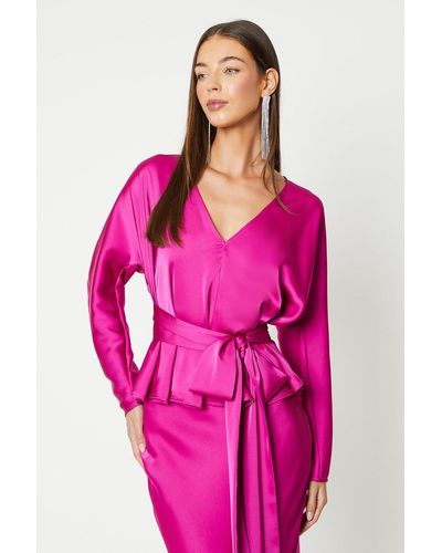 Coast Long Sleeve Satin Top With Tie Detail - Pink