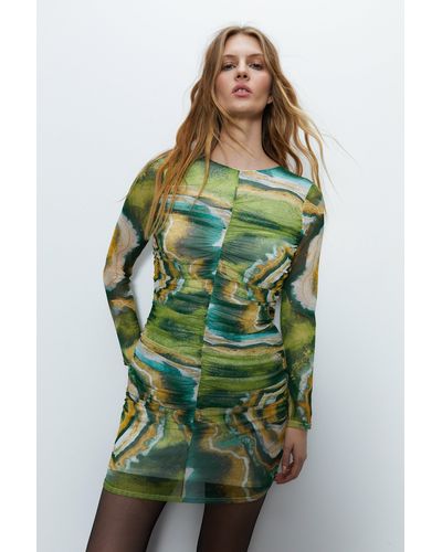 Warehouse Marble Print Mesh Mini Dress - Green