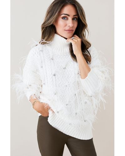 Karen Millen Lydia Millen Feather Embellished Chunky Cable Knit Jumper - White