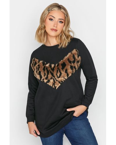 Yours Leopard Print Faux Fur Panel Sweatshirt - Black