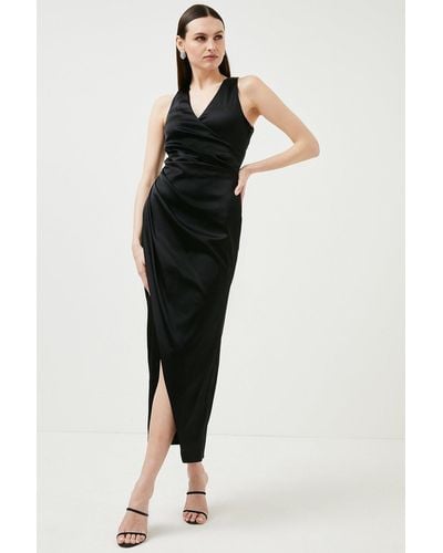 Karen Millen Italian Structured Satin Halter Drape Maxi Dress - Black