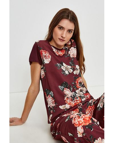 Karen Millen Rose Print Nightwear Jersey Back Top - Red
