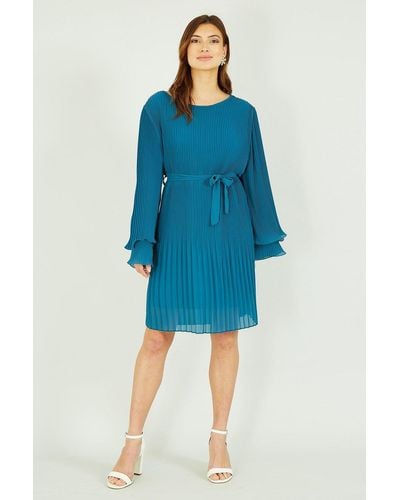 Mela Teal Pleated Dress With Double Fluted Long Sleeves - Blue