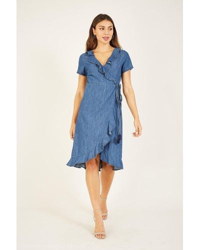 Yumi' Blue Cotton Denim Wrap Dress