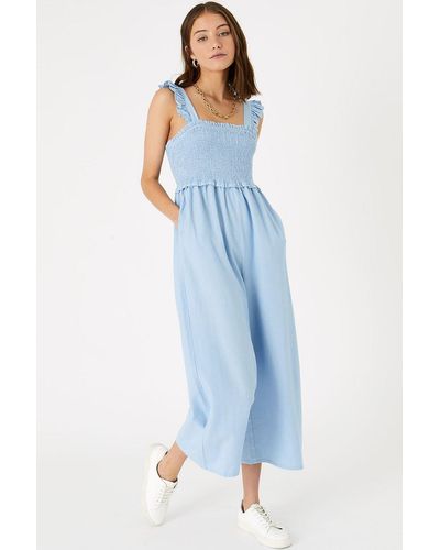 Accessorize Ruffle Strap Smocked Jumpsuit - Blue