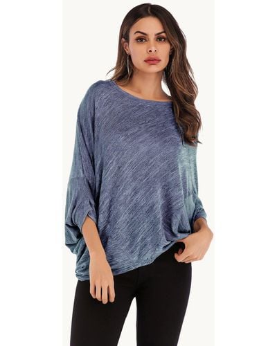 FS Collection Oversized Jersey 3/4 Sleeves Top In Blue