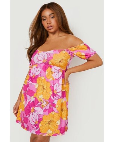 Boohoo Plus Floral Off Shoulder Puff Sleeve Sundress - Pink