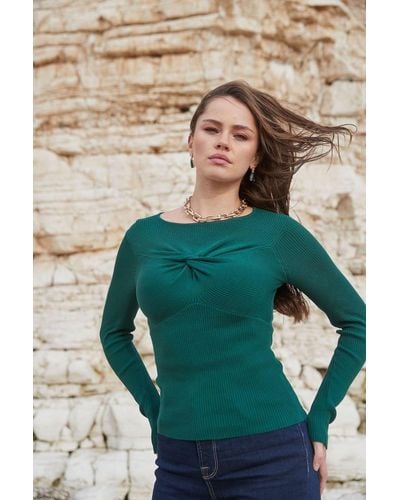 ANOTHER SUNDAY Ribbed Knit Jumper With Knot Front Detail In Green