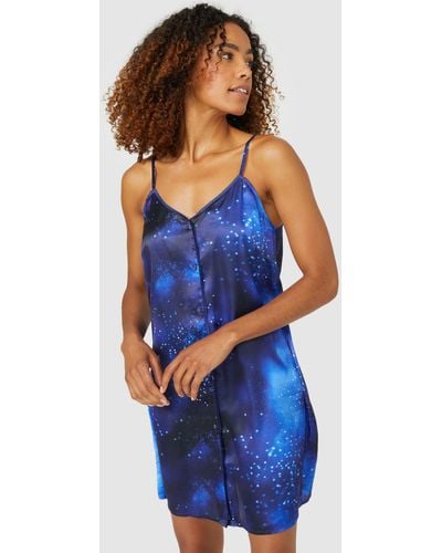 DEBENHAMS Cosmic Satin Button Night Dress - Blue