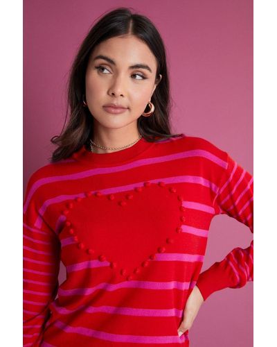 ANOTHER SUNDAY Long Sleeved Knitted Top With Stripe And Heart Detail In Red