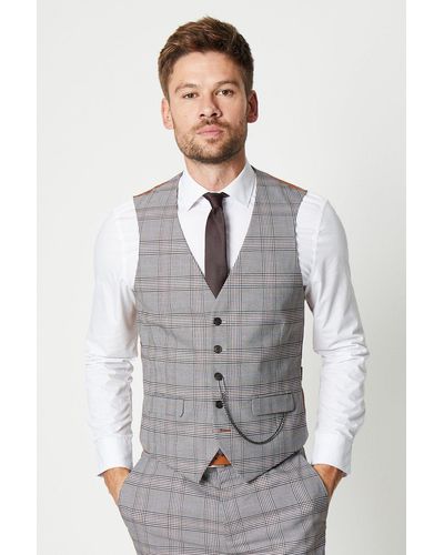 Burton Brown Retro Check Waistcoat - Grey