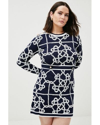Karen Millen Plus Size Blister Stitch Chain Jacquard Knit Dress - Blue