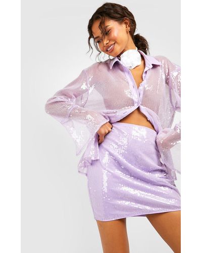 Boohoo Pastel Sequin Sheer Deep Cuff Shirt - Purple