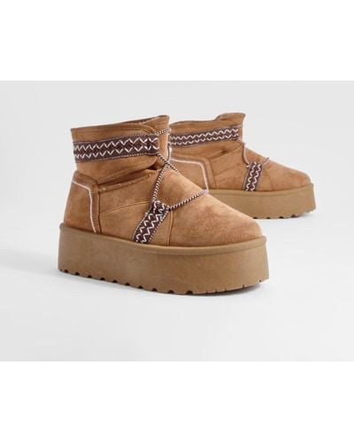 Boohoo Embroidered Platform Mini Cosy Boots - Brown