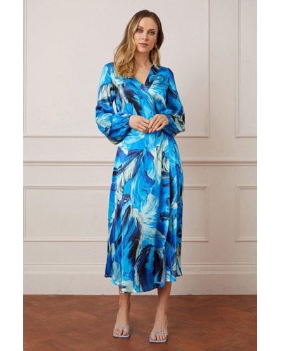 Wallis Tall Feather Print Satin Wrap Midi Dress - Blue