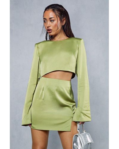 MissPap Premium Satin Shoulder Pad Split Skirt Co-ord - Green