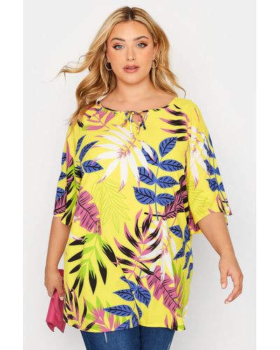 Yours Tropical Print Tie Neck Top - Yellow