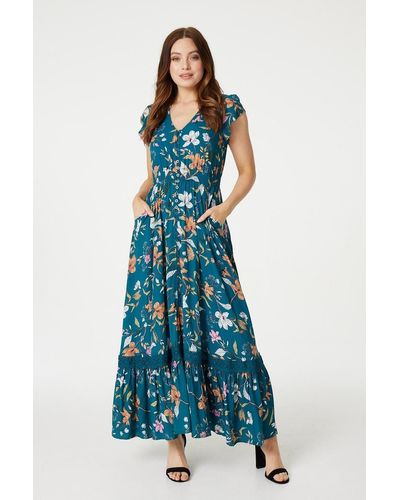Izabel London Floral Lace Detail Maxi Dress - Blue