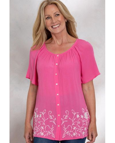 Anna Rose Embroidered Crinkle Blouse - Pink