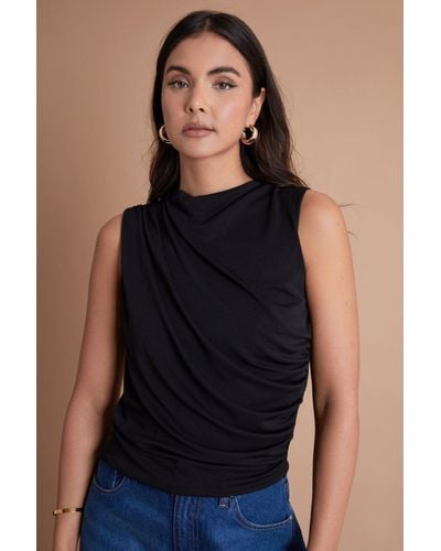 ANOTHER SUNDAY Jersey Cowl Ruched Side Sleeveless Top In Black