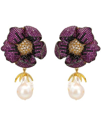 LÁTELITA London Poppy Flower Baroque Pearl Earrings Ruby Red Gold - Purple