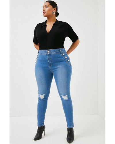 Karen Millen Plus Size Button Tab Waist Ripped Skinny Jeans - Blue