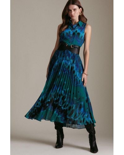 Karen Millen Pleated Butterfly Print Woven Belted Shirt Dress - Blue