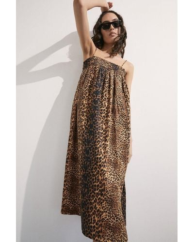 Warehouse Leopard Smocked Strappy Cami Midi Dress - Brown