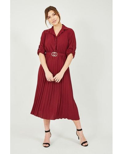 Mela Burgundy Pleated Skirt Midi Shirt Dress - Red