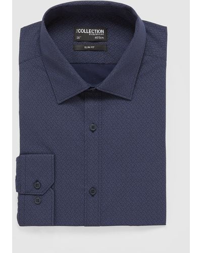 DEBENHAMS Long Sleeve Slim Fit Textured Shirt - Blue