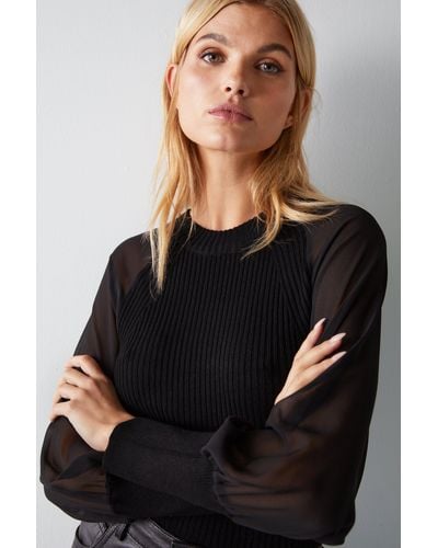 Warehouse Chiffon Sleeve Fitted Ribbed Jumper - Black
