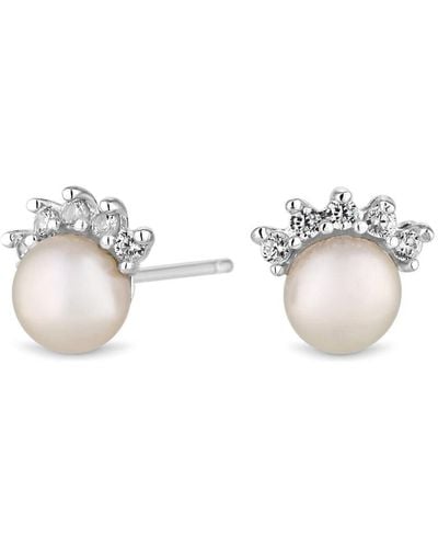 Simply Silver Sterling Silver 925 With Freshwater Pearl Mini Floral Stud Earrings - White