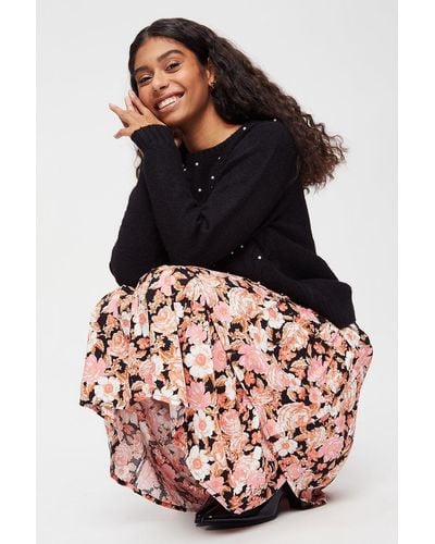 Dorothy Perkins Petite Pink Floral Tiered Frill Midi Skirt