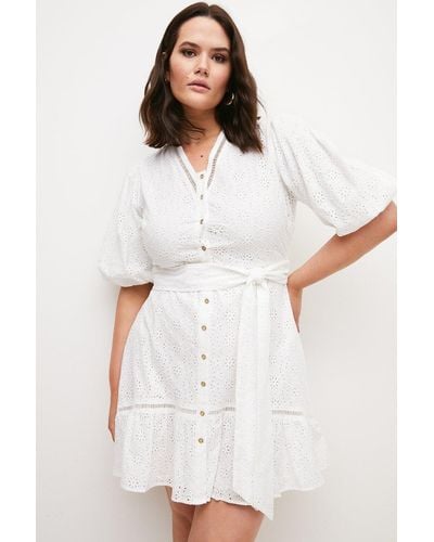 Karen Millen Plus Size Cotton Broderie Belted Mini Dress - White