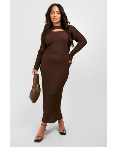 Boohoo Plus Textured Cut Out Column Midaxi Dress - Brown
