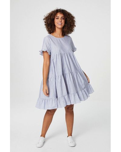 Izabel London Vertical Stripe Tiered Smock Dress - Blue
