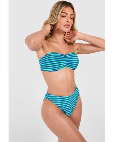 Boohoo Stripe Toweling Ruched Bandeau Bikini Set - Blue