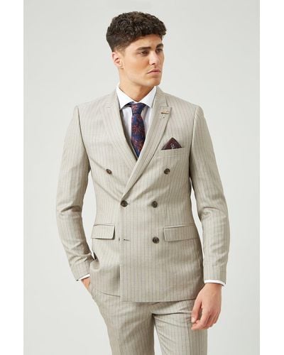 Burton Slim Fit Neutral Stripe Double Breasted Jacket - Grey