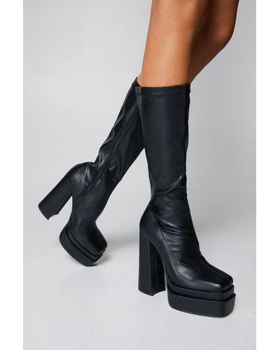 Nasty Gal Faux Leather Platform Knee High Sock Boots - Black