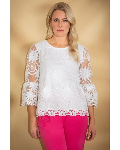 Klass Floral Embroidered Sequin Mesh Top - White