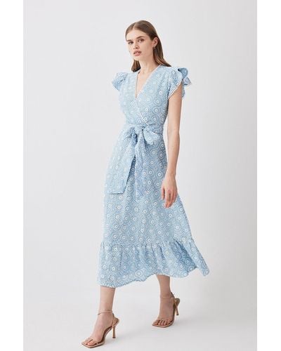 Karen Millen Broderie Cotton V Neck Wrap Maxi Dress - Blue