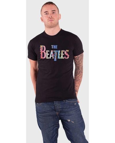 Beatles Floral Band Logo T Shirt - Blue