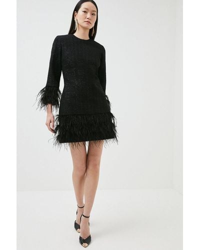 Karen Millen Feather Trimmed Sparkle Tweed Sleeved Mini Dress - Black