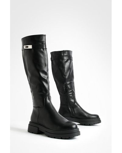 Boohoo Buckle Detail Chunky Flat Knee High Biker Boots - Black