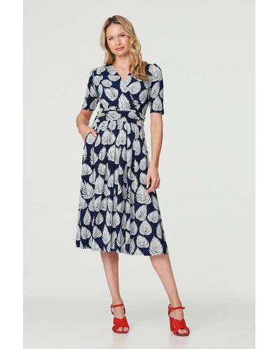 Izabel London Printed Short Sleeve Wrap Tea Dress - Blue