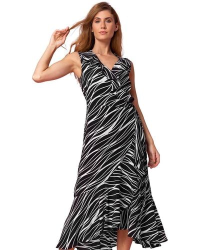 Roman Zebra Print Frill Wrap Dress - Black