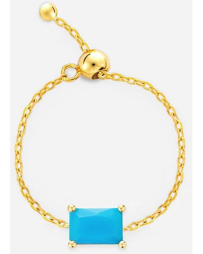 MUCHV Gold Adjustable Chain Ring With Turquoise Baguette Stone - Blue